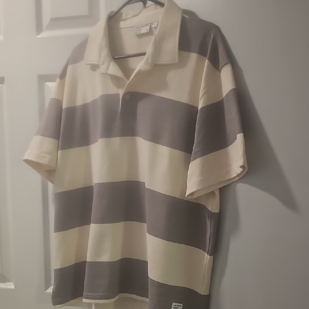 Frank & Oak Cream and Gray Striped Polo